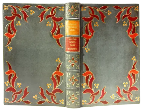 Grauer Ganzledereinband mit roten Lederauflagen in Form von Blättern und Knospen.